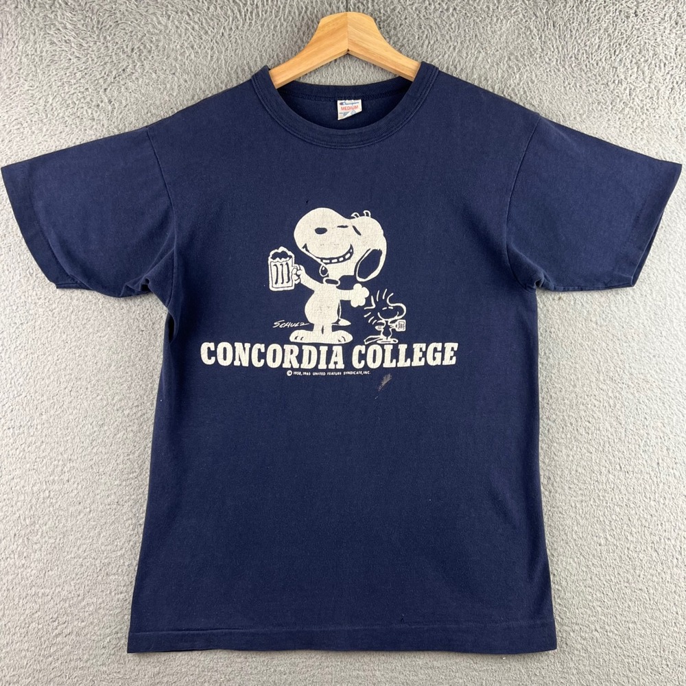 Vintage Champion Snoopy Concordia College T Shirt Blue Medium Single Stitch